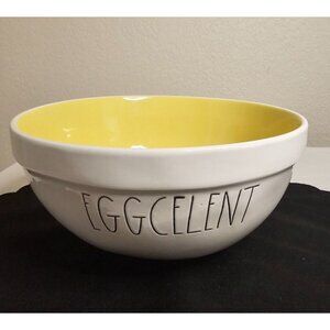 Rae Dunn Large "EGGCELLENT" Bowl White W/ Black Letters Yellow Inside 10"